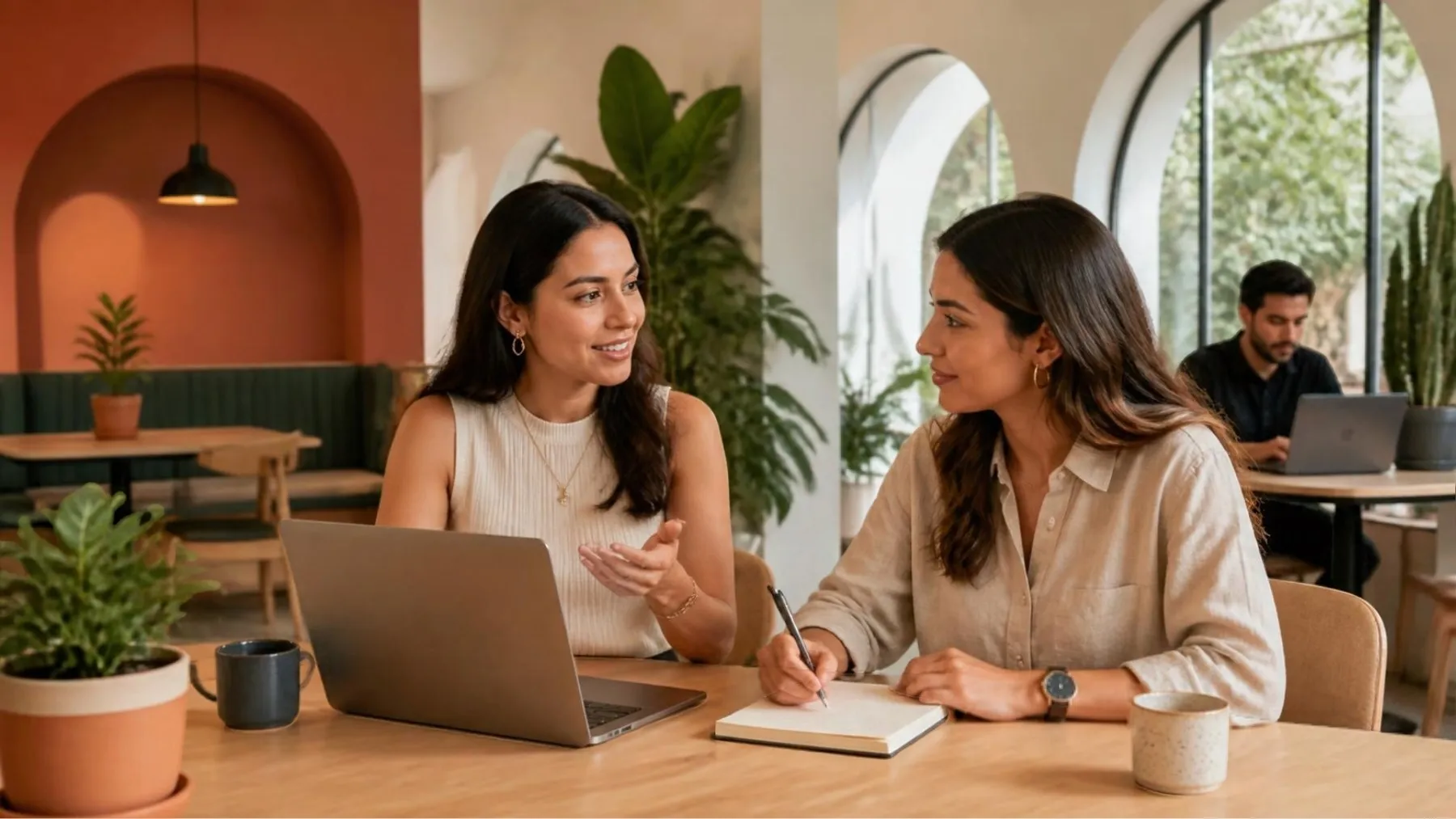 Dos consultoras revisan con una laptop el proceso que van a automatizar, en un cowork de Guadalajara